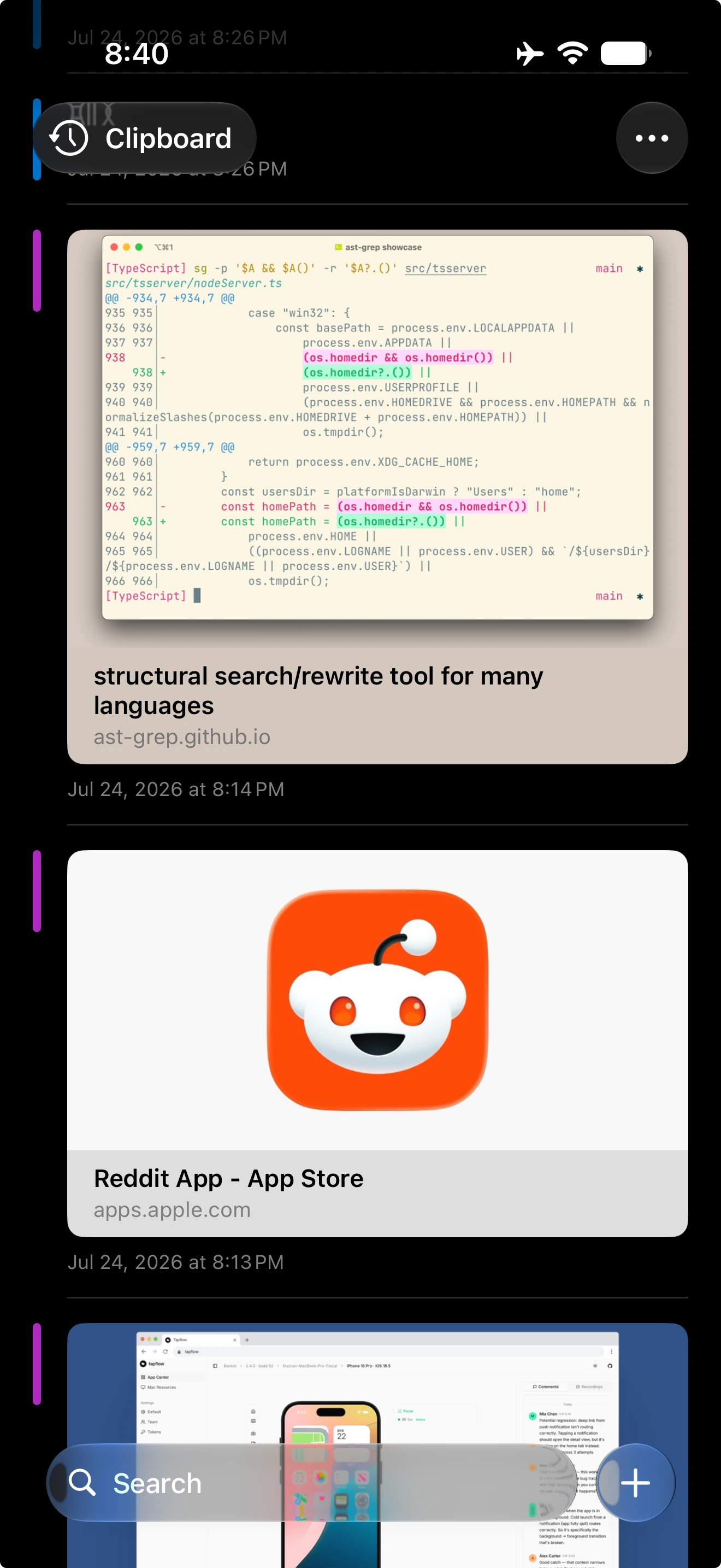 Copia on iPhone showing the Clipboard board with saved link and image clips