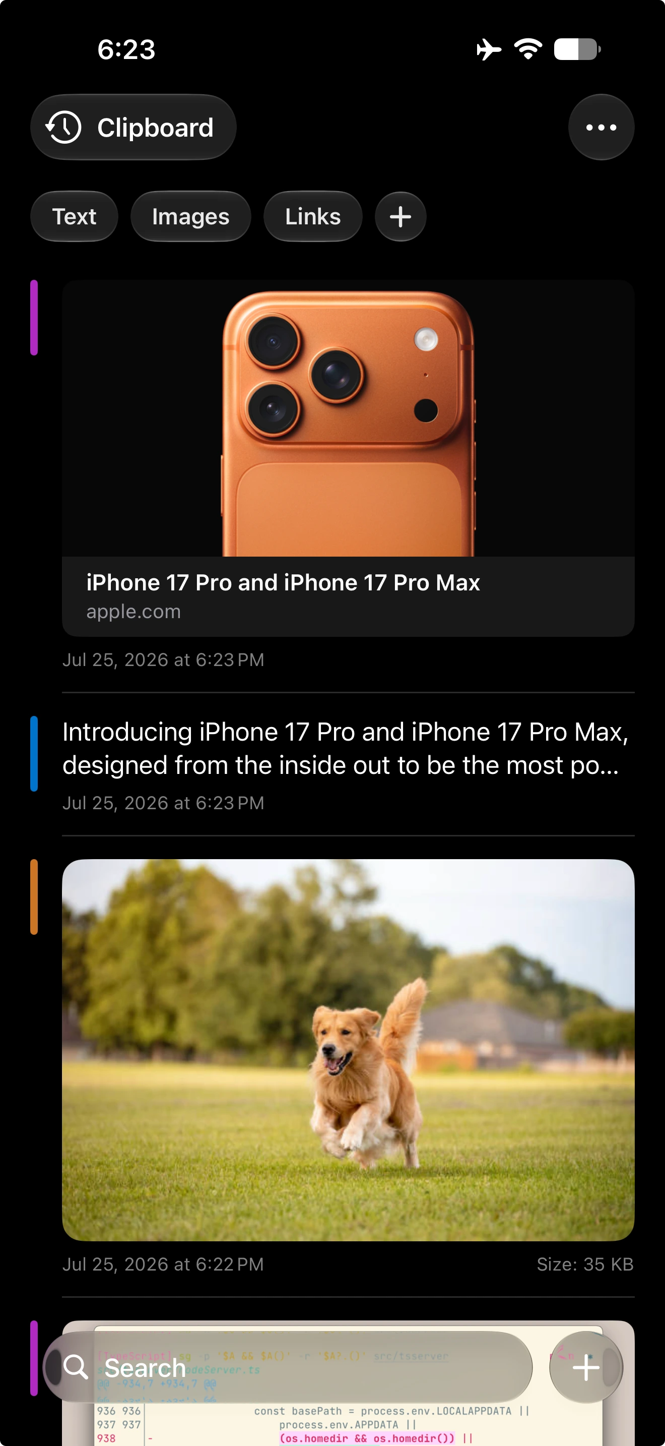 Copia on iPhone showing the Clipboard board with saved link and image clips