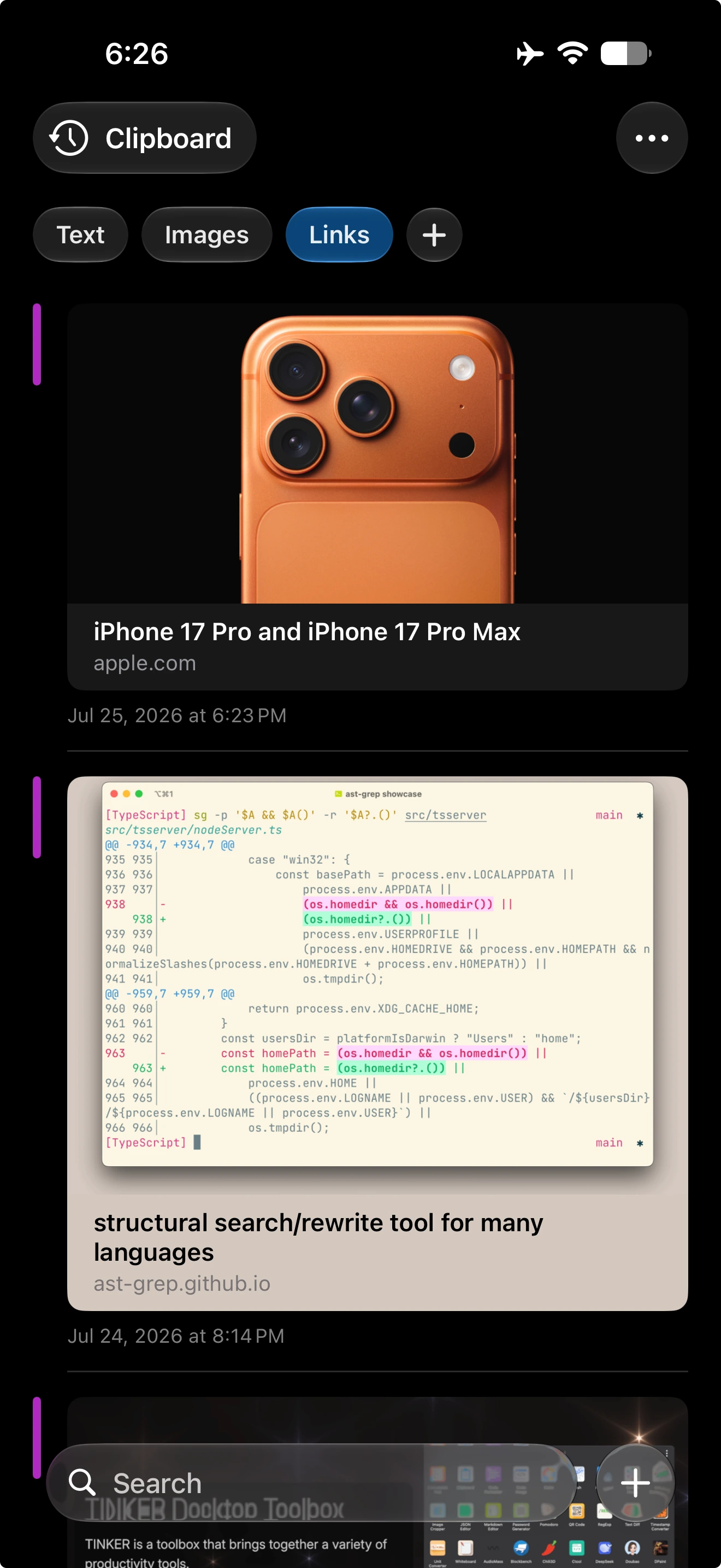 Copia on iPhone showing saved links in the Clipboard board